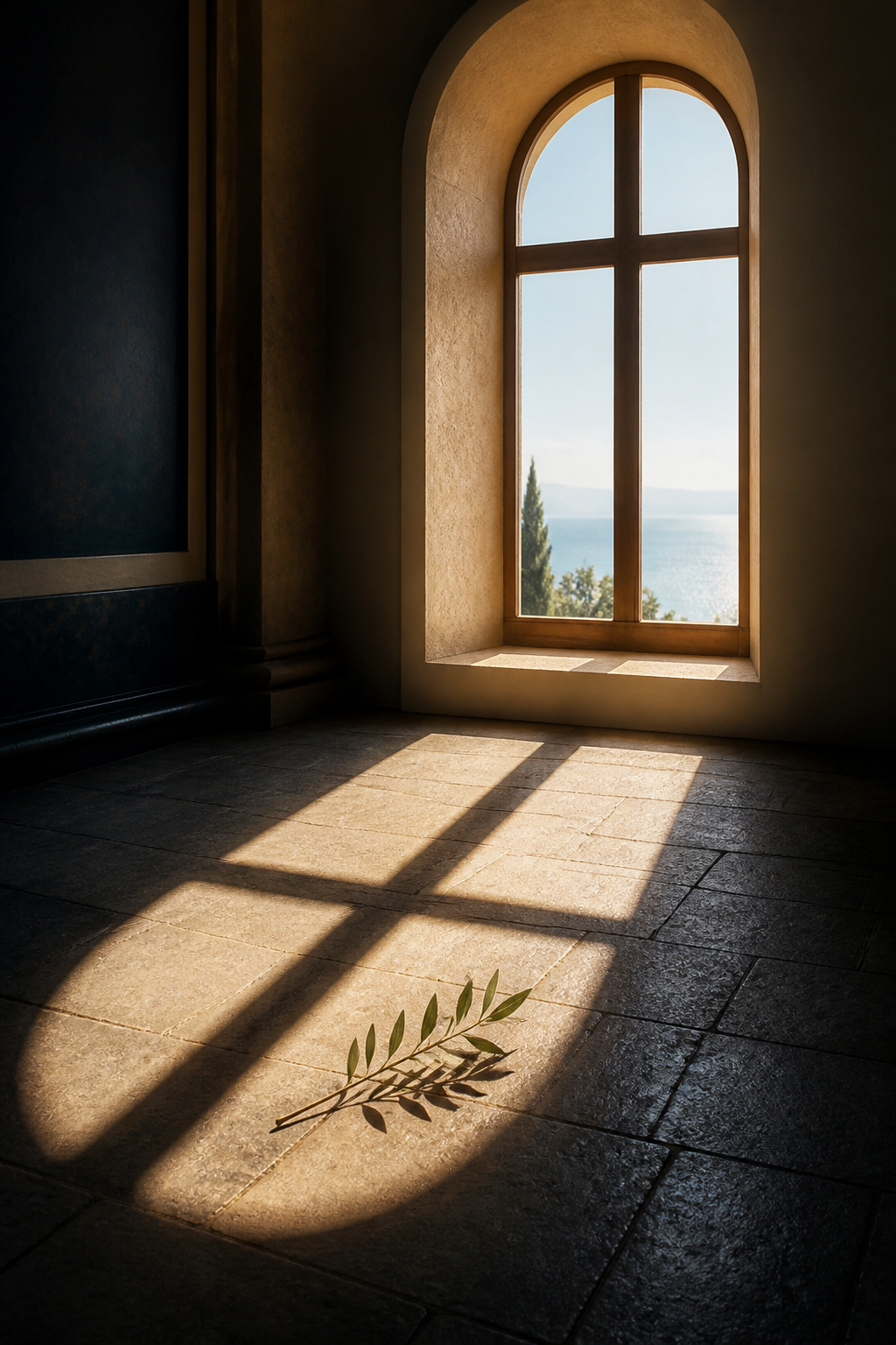 A chapel window casting a cross-shaped shadow on a stone floor