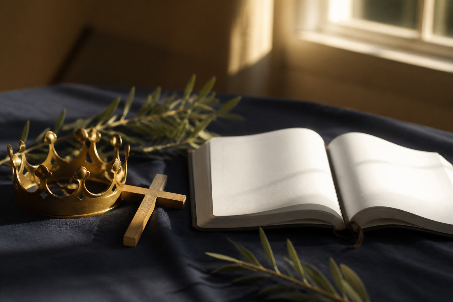 A brass crown and wooden cross on deep navy cloth